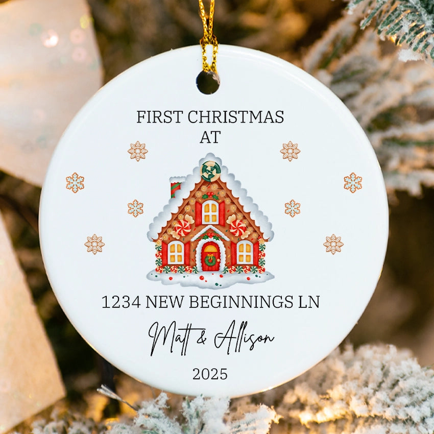 First Christmas in Our New Home ornament with front door illustration and custom address 2025