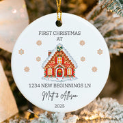 First Christmas in Our New Home ornament with front door illustration and custom address 2025