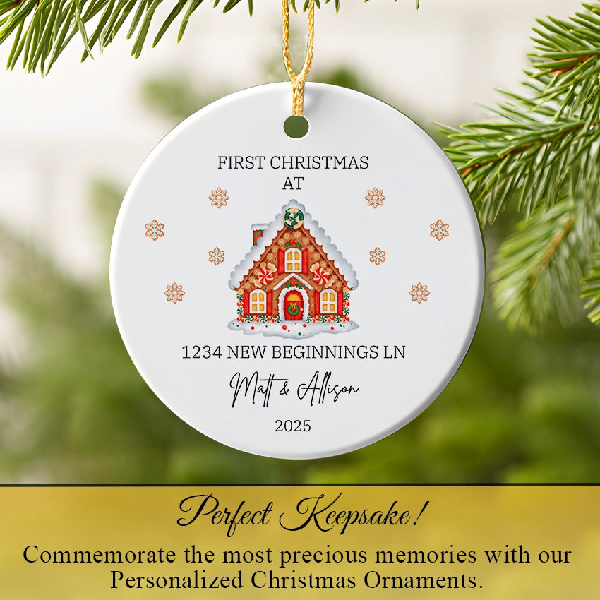 New home ornament hanging on a Christmas tree branch among soft white lights