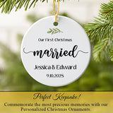 Our First Christmas Married ornament hanging on a Christmas tree among pine needles
