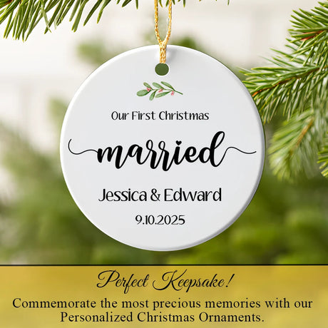 Our First Christmas Married ornament hanging on a Christmas tree among pine needles