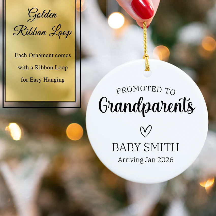 Hand holding the 2.85-inch Promoted to Grandparents ornament to show scale and detail