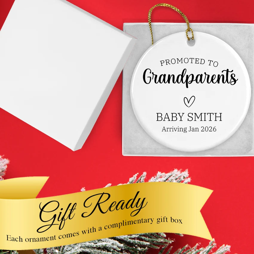 Personalized ornament nestled in its keepsake gift box with red satin ribbon