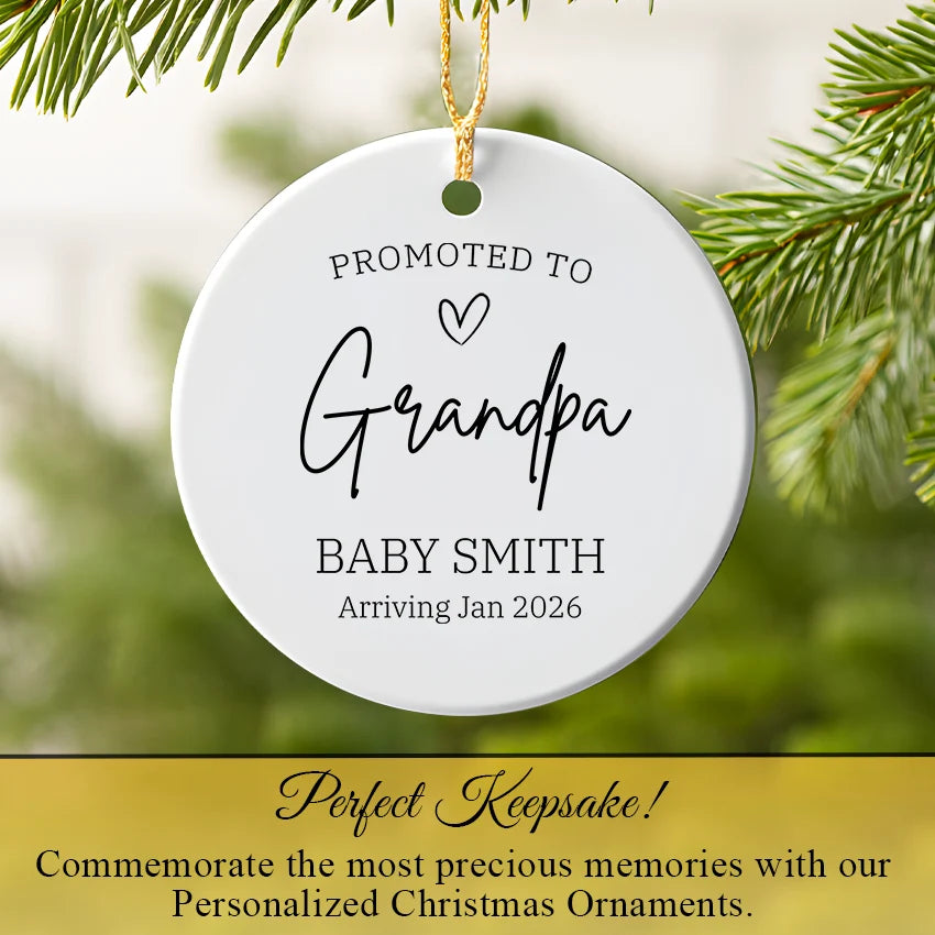 Personalized Grandpa ornament hanging on a Christmas tree branch with warm lights