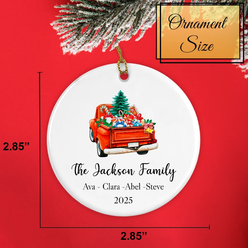 size chart the red truck family ornament to show its 2.85‑inch diameter
