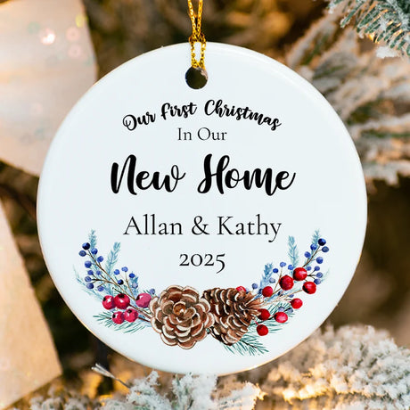 Pinecone new‑home ornament with watercolor cones names & 2025