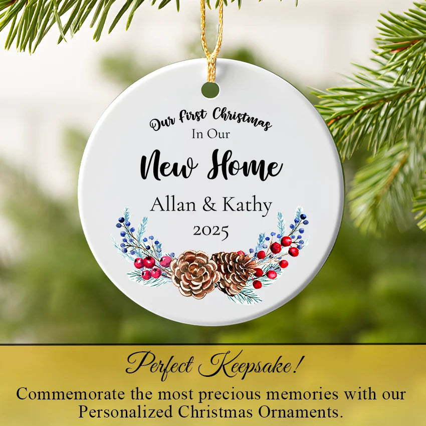 Our First Christmas in New Home ornament hanging on a branch with twine loop