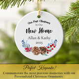 Our First Christmas in New Home ornament hanging on a branch with twine loop