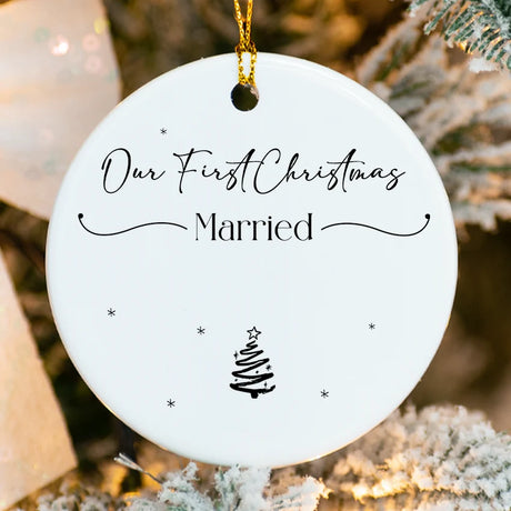 Personalized First Christmas as Newlyweds ornament with pine sprigs and custom names 2025