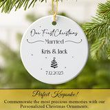 Newlywed Christmas ornament hanging on a branch with festive pine needles