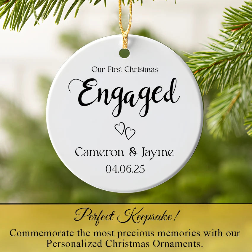Personalized couple ornament hanging on a Christmas tree twinkling lights