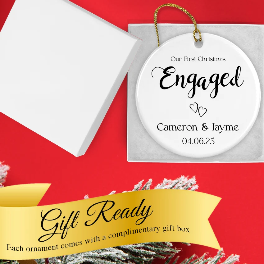 Custom romantic ornament nestled in protective gift box with gold ribbon