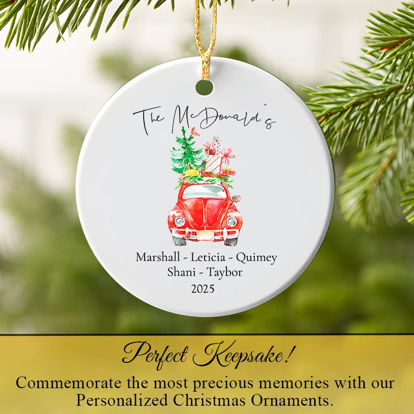 Personalized Christmas Round Ornament - Christmas Car 2025 perfect keepsake close up