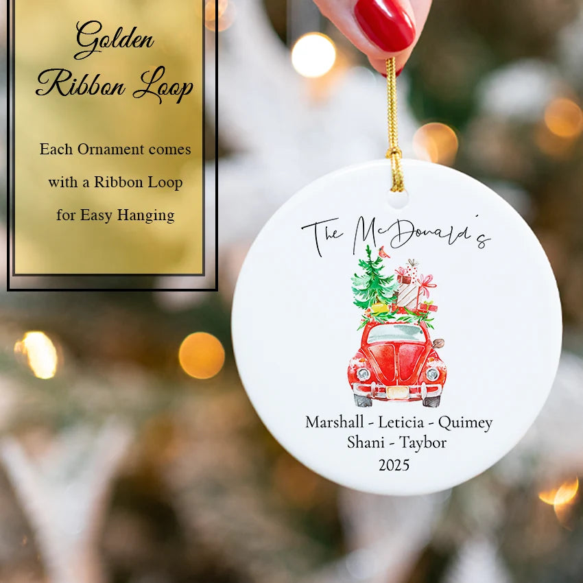Personalized Christmas Round Ornament - Christmas Car 2025 with golden ribbon