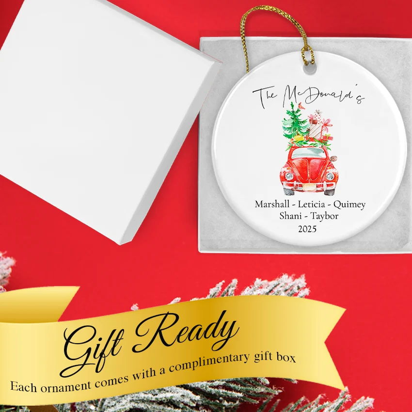 Personalized Christmas Round Ornament - Christmas Car 2025 in a gift box
