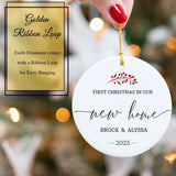 Personalized First Christmas in Our New Home Ornament 2025 with golden ribbon