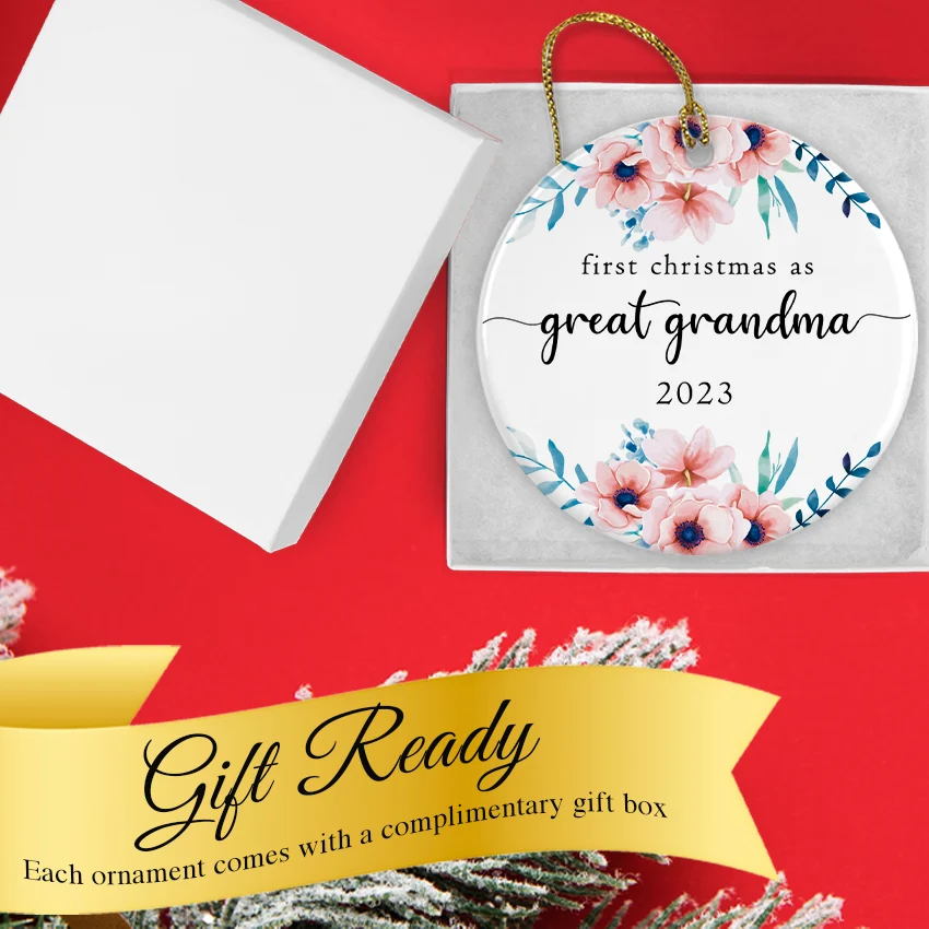 Personalized great‑grandparent ornament nestled in its gift box with satin ribbon