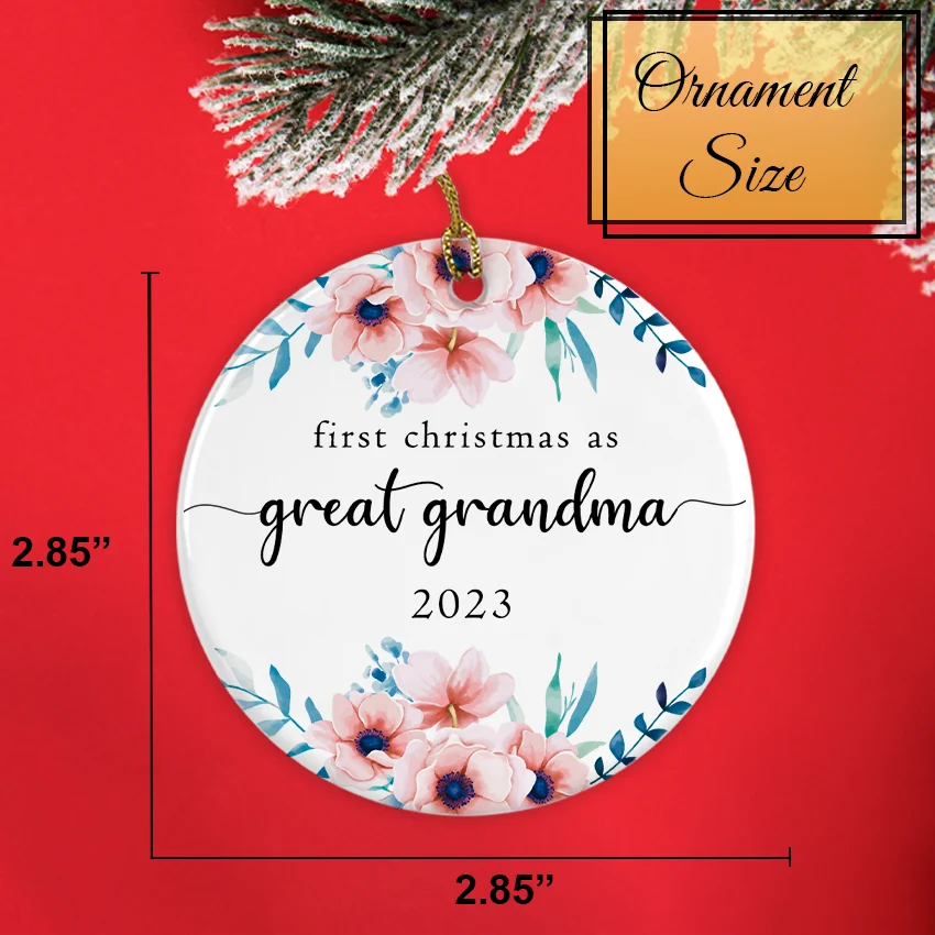 Back view and size of the ornament displaying smooth white ceramic and red ribbon loop