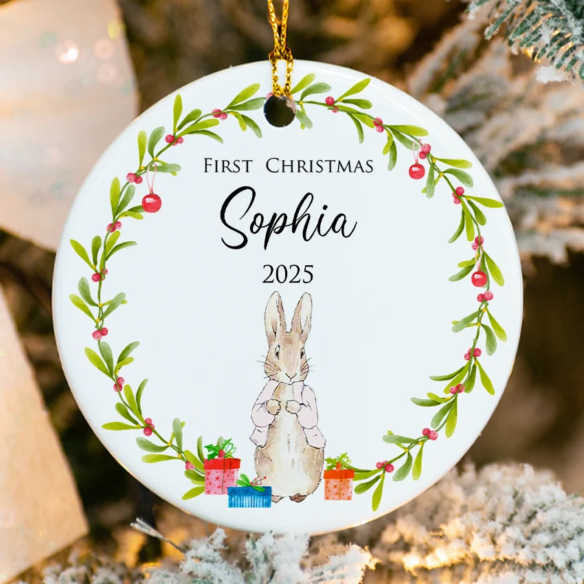 Personalized Baby’s First Christmas Girl Bunny Rabbit ornament with delicate floral crown, custom name & 2025