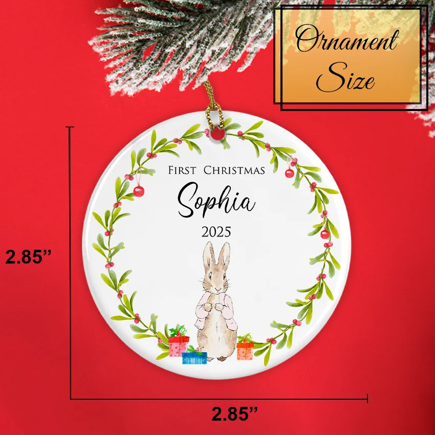 Size chart displaying the 2.85-inch diameter of the round Baby Rabbit Girl ornament