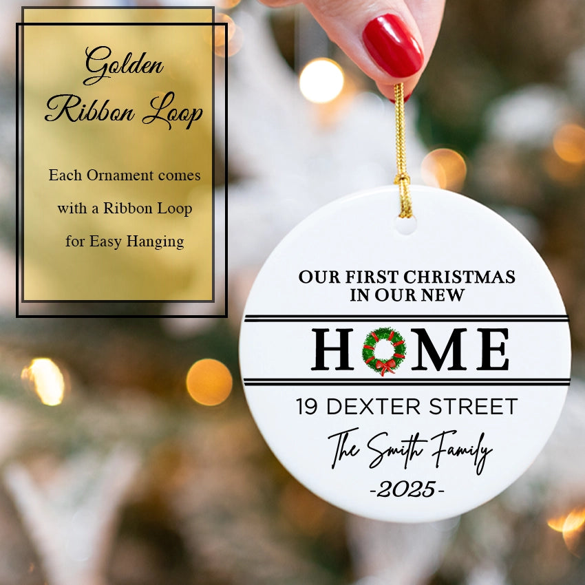 Customize First Christmas at New Home Ornament 2025 with golden ribbon
