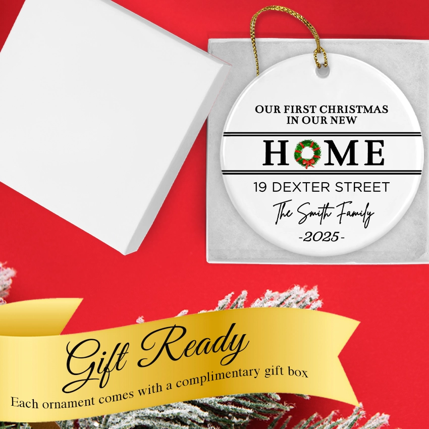 Customize First Christmas at New Home Ornament 2025 in a gift box