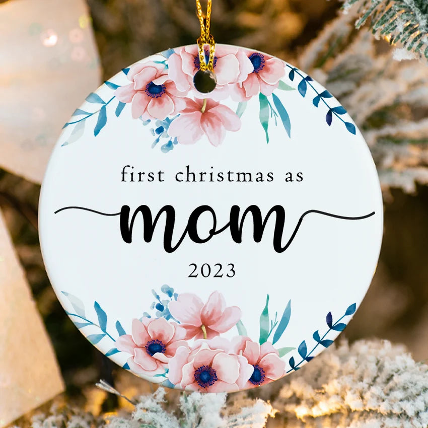 First Christmas as Mom ornament with flower design and custom baby name 2025