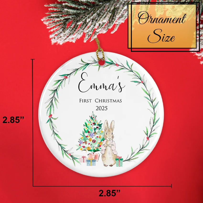 Bunny Rabbit Girl ornament surrounded by pinecones and fairy lights on a holiday table