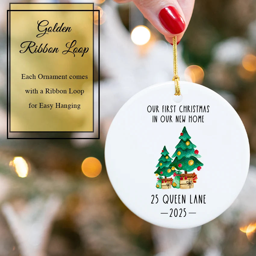 Personalized New Home Ornament - Christmas Tree 2025 with golden ribbon