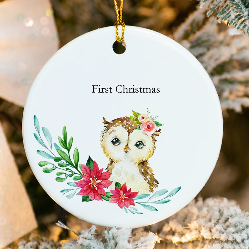 Owl Round Ornament / Personalized Baby's First Christmas