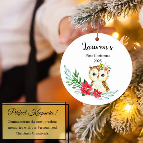 Personalized Baby's First Round Owl Christmas Ornament 2025