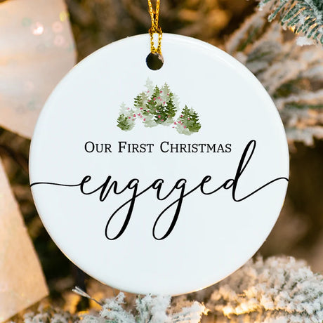 First Christmas as an Engaged ceramic ornament with green pine tree border and custom names 2025