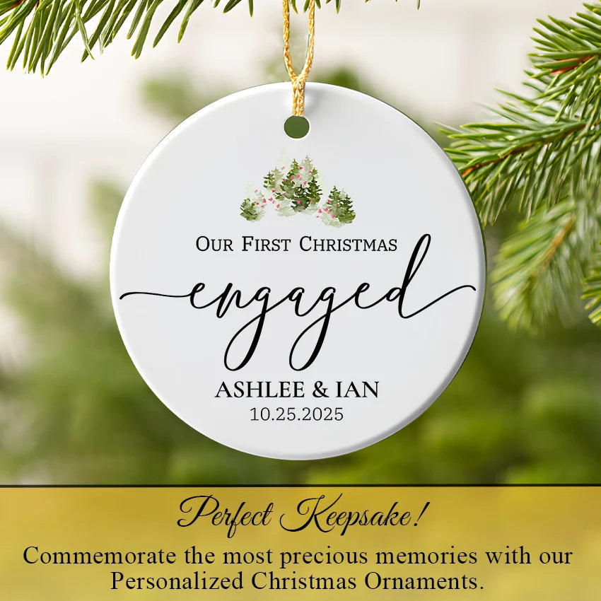 Engagement ornament hanging on a Christmas tree with pine branch accents
