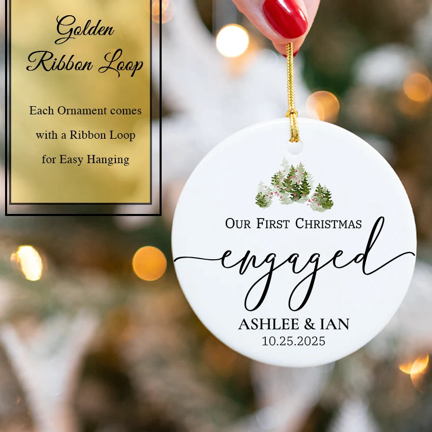 Personalized First Christmas Engaged ornament nestled in its gift-ready keepsake box