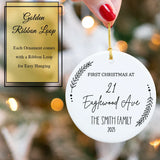Personalized First Christmas at New Home Ornament 2025 with golden ribbon