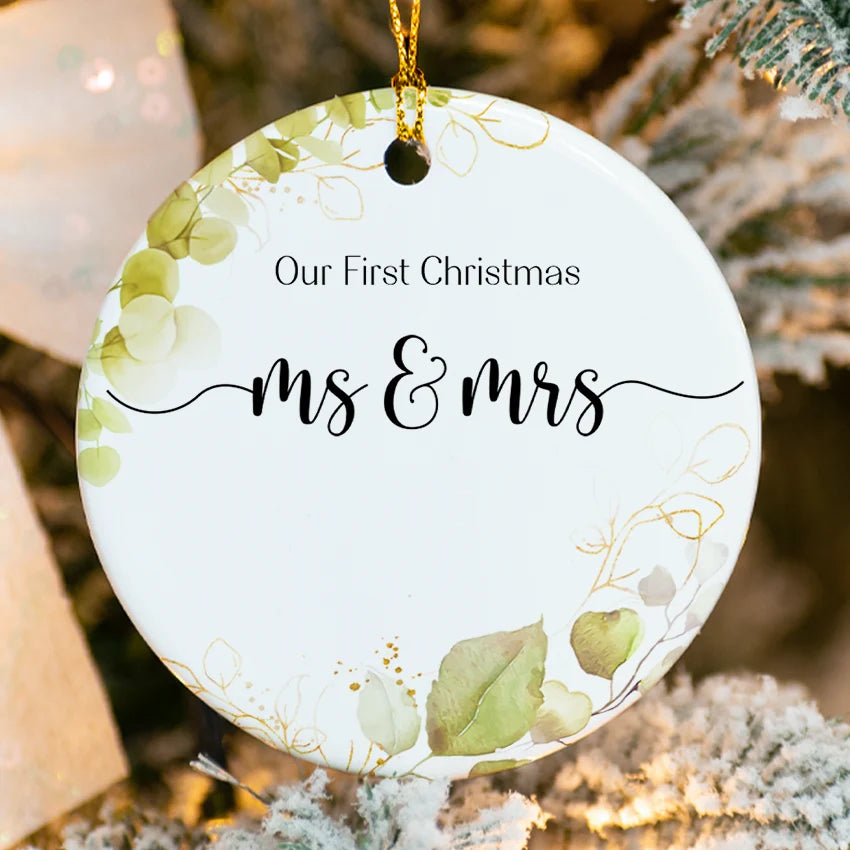 Custom white ceramic Mr. & Mrs. First Married ornament with holly accents and custom names 2025