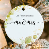 Custom white ceramic Mr. & Mrs. First Married ornament with holly accents and custom names 2025