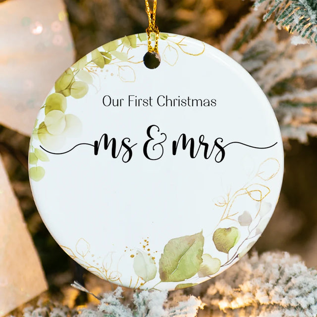 Custom white ceramic Mr. & Mrs. First Married ornament with holly accents and custom names 2025