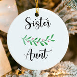Close view of glossy porcelain ornament showing fused Soon-to-Be Aunt tex