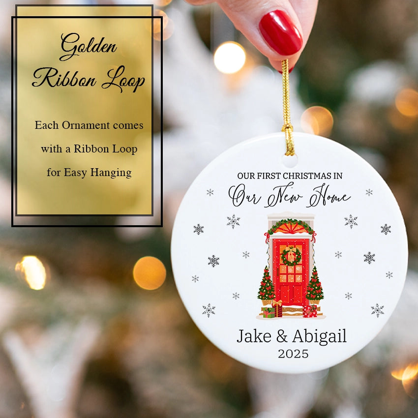 Personalized New Home Ornament - Christmas Door 2025 with golden ribbon
