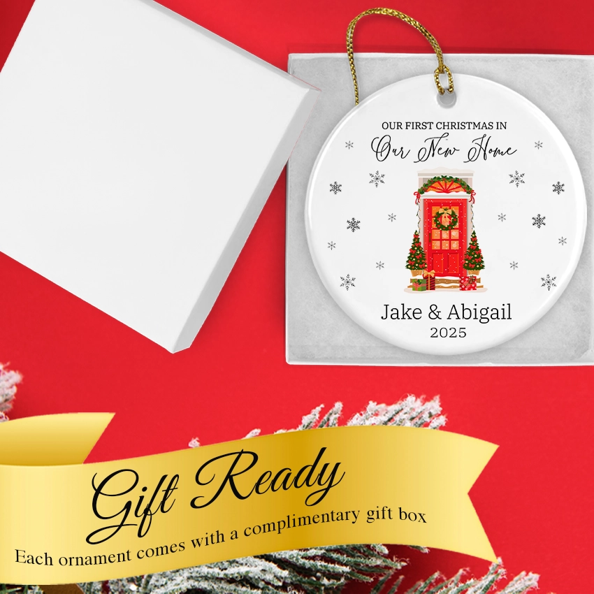 Personalized New Home Ornament - Christmas Door 2025 in a gift box