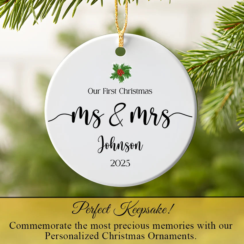 Our First Christmas as Mr & Mrs ornament hanging on a tree branch with fairy lights