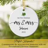 Our First Christmas as Mr & Mrs ornament hanging on a tree branch with fairy lights