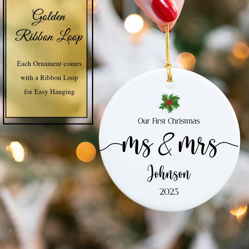 Personalized Mr & Mrs keepsake ornament nestled in a gift-ready box with gold ribbon