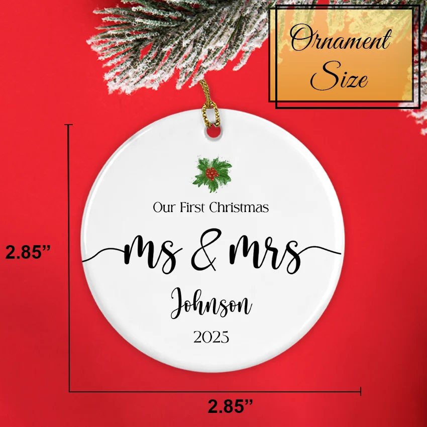 Size chart displaying the 2.85-inch diameter of the ceramic newlywed ornament