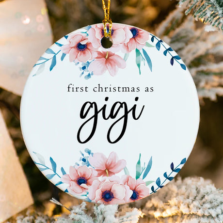 Close-up of glossy porcelain ornament showing fused Promoted to Gigi text and custom details