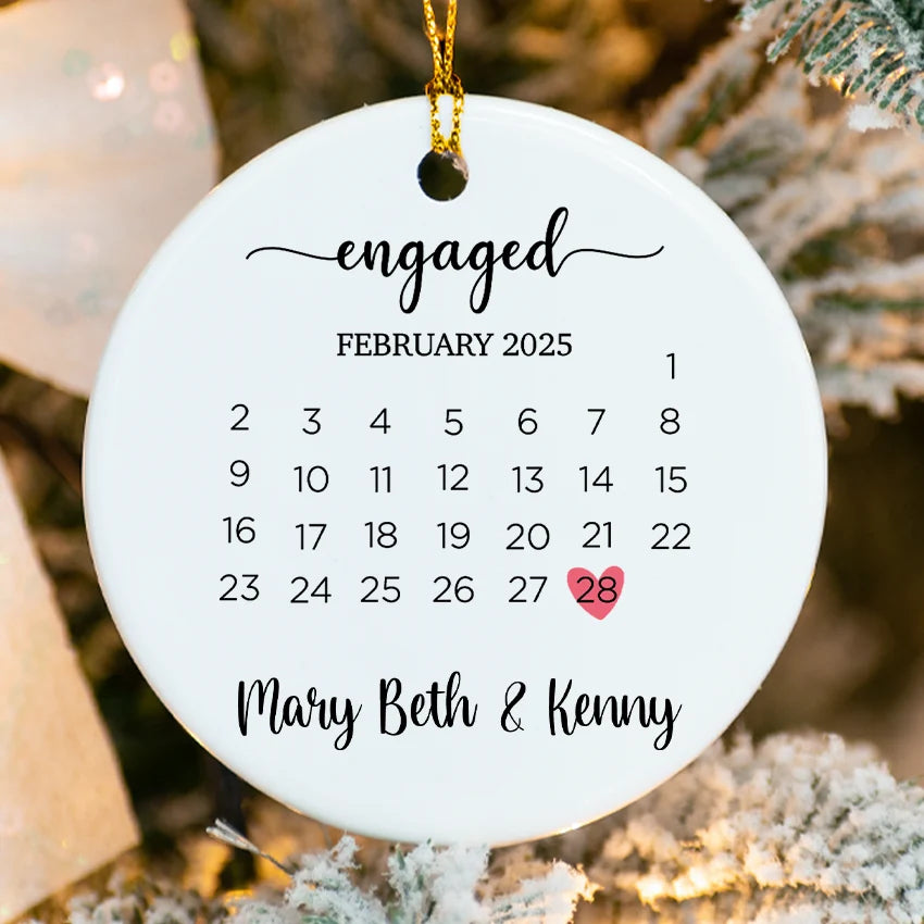 Custom Engagement Date Ornament with calendar design and personalized names for fiancé