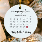Custom Engagement Date Ornament with calendar design and personalized names for fiancé