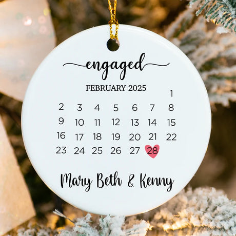 Custom Engagement Date Ornament with calendar design and personalized names for fiancé
