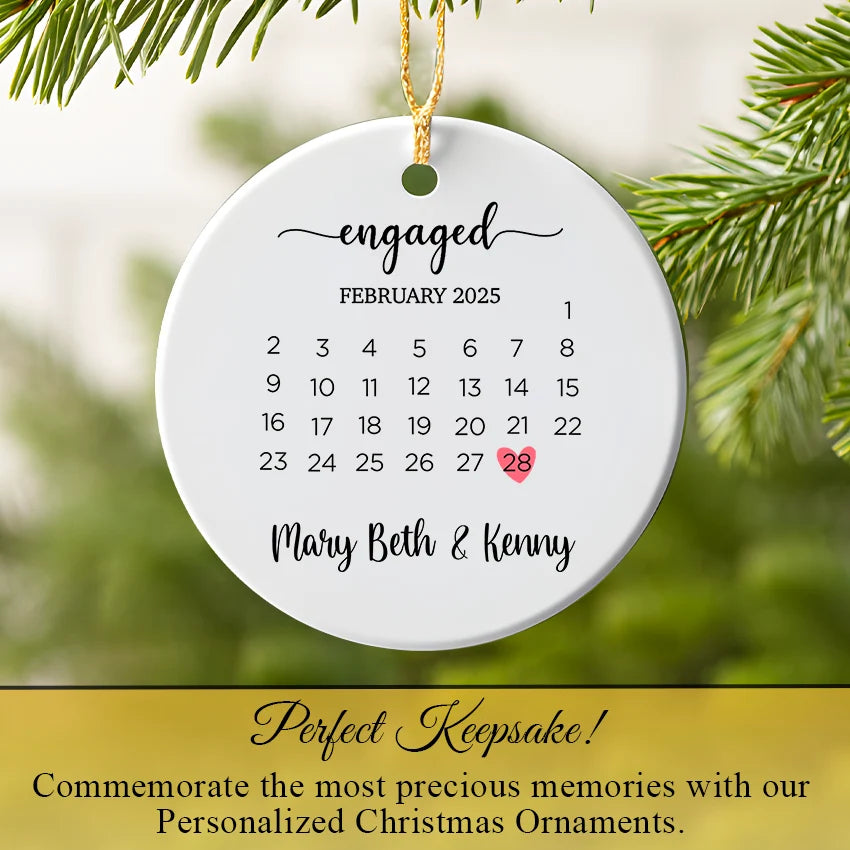 Close-up of porcelain ornament showing mini calendar with engagement date circled and fused printing